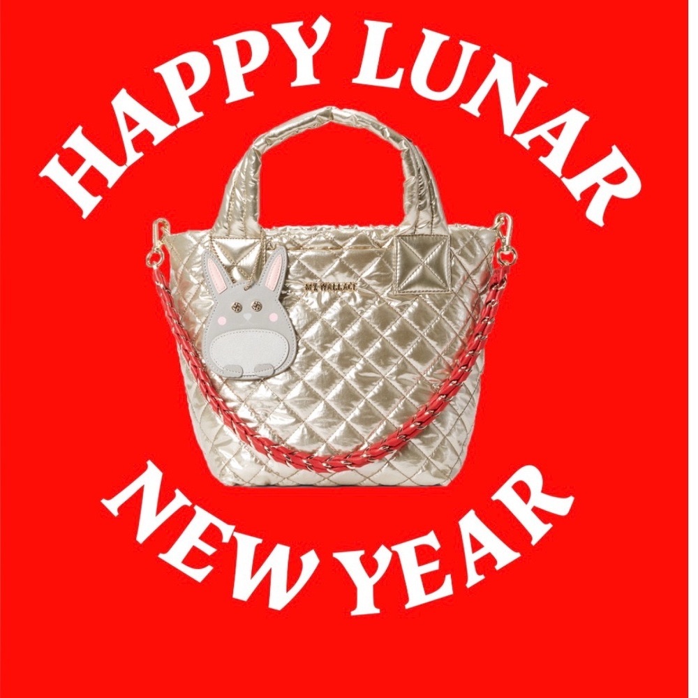 MZ Wallace Platinum Metallic Mini Metro Tote  2025 Lunar Nee Year Bunny Charm